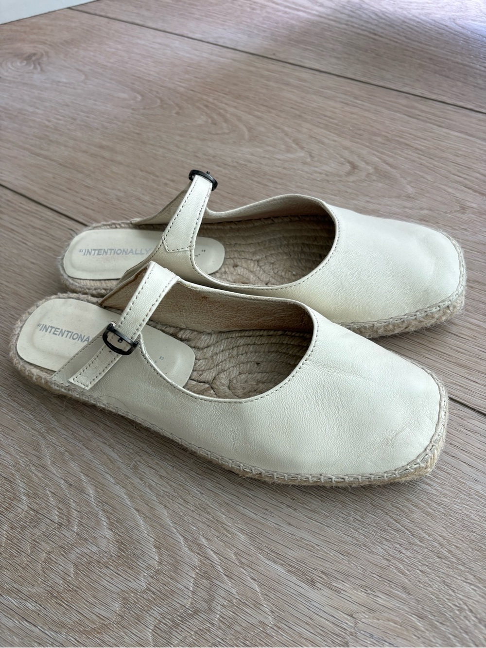 INTENTIONALLY BLANK Cream Leather Espadrille Mule with Buckle Strap